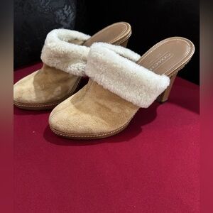 Coach Kacie Suede Tan Fur-Lined Mules